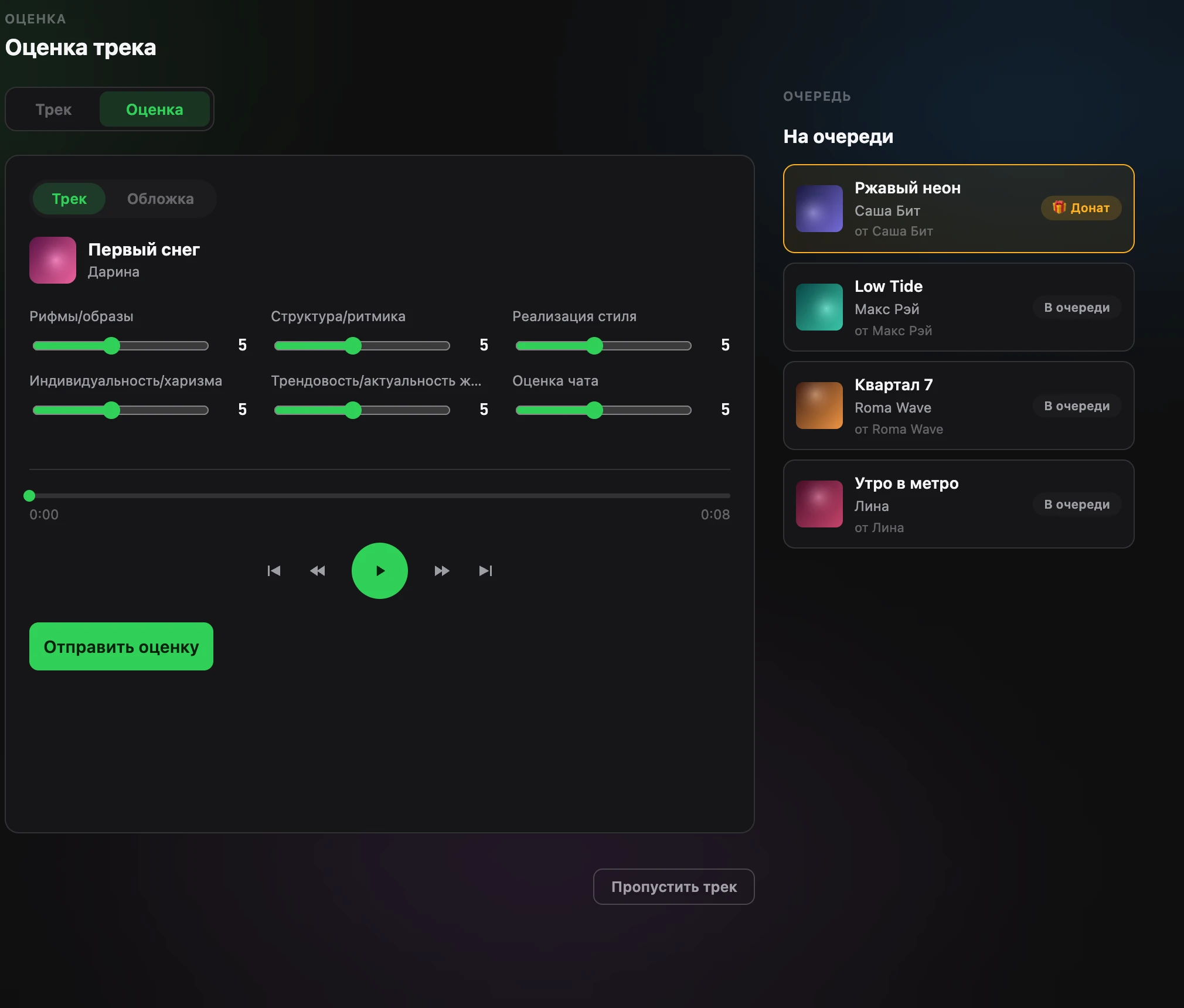 Оценка трека в SoundScore: шесть ползунков с критериями, плеер и кнопка отправки оценки